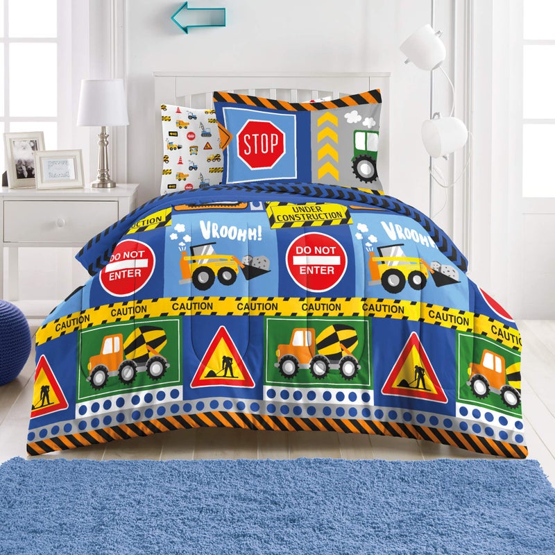 dream FACTORY Kids 5-Piece Complete Set Easy-Wash Super Soft Microfiber Comforter Bedding, Twin, Navy Blue Under Construction - Image 1